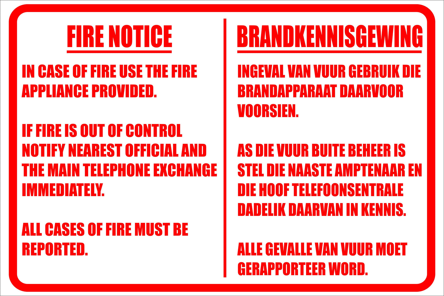 Fire Notice Warning Sign (F18) Safety Sign Direct Designs