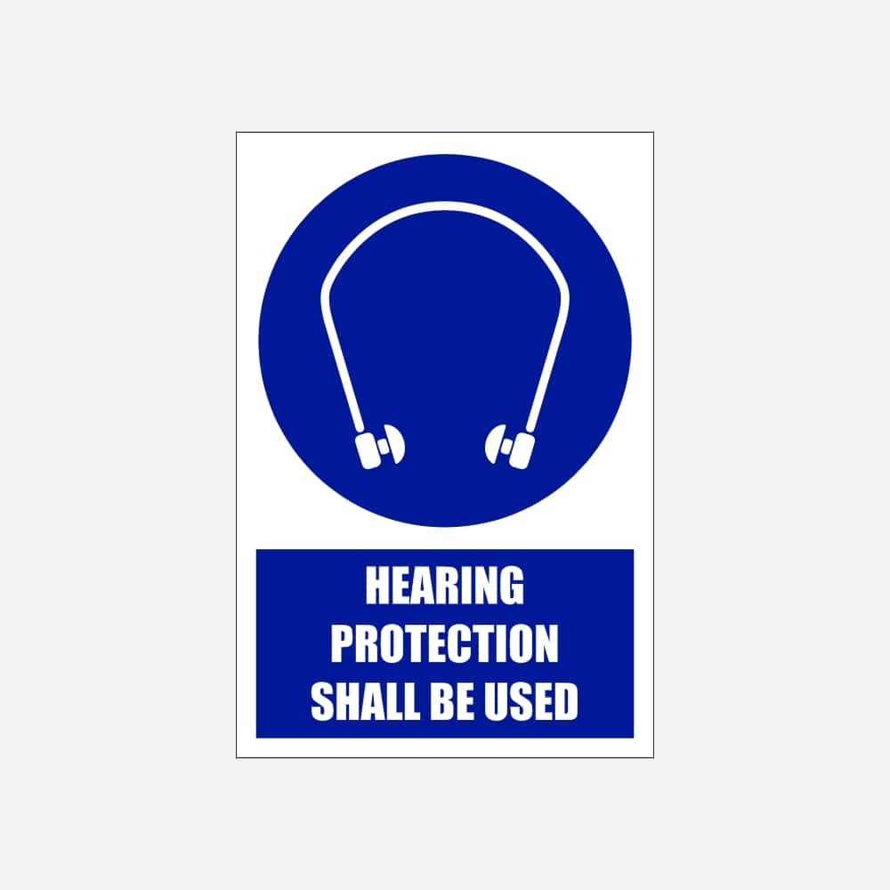 MV19E - Hearing Protection Shall Be Used Explanatory Safety Sign 200x300, 300x450, 400x600, ABS, ChromaDek, Explanatory Signs, Mandatory Signs Direct Designs