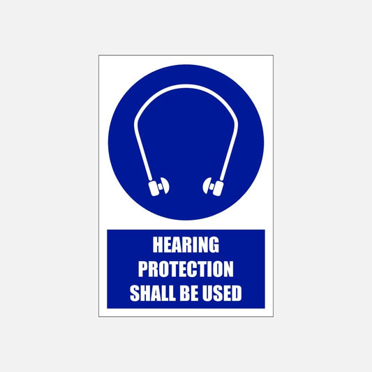 MV19E - Hearing Protection Shall Be Used Explanatory Safety Sign 200x300, 300x450, 400x600, ABS, ChromaDek, Explanatory Signs, Mandatory Signs Direct Designs
