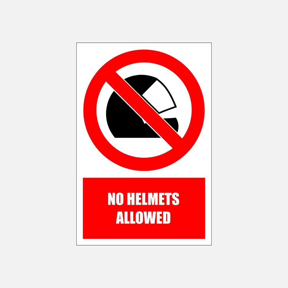 PV18E - No Safety Helmets Explanatory Safety Sign 200x300, 300x450, 400x600, ABS, ChromaDek, Explanatory Signs, Prohibitive Sign Direct Designs
