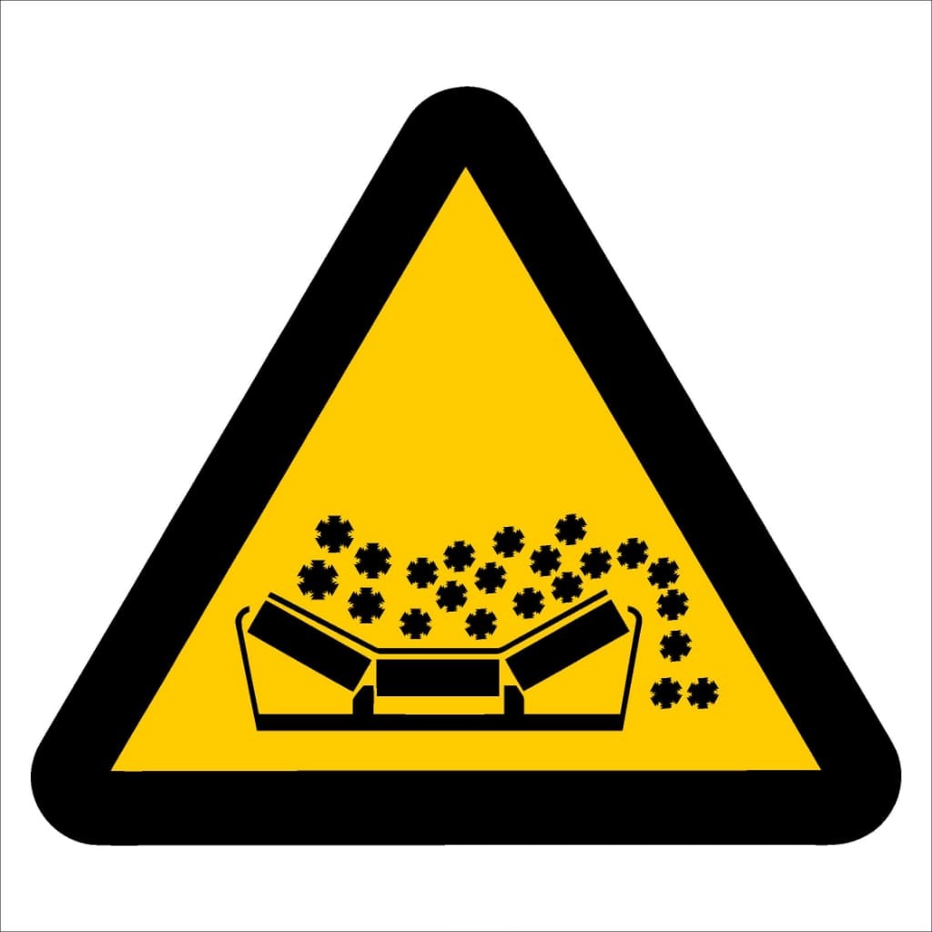 WW21 - Beware of Material Falling From Moving Conveyor Belt Safety Signs 190x190, 290x290, 440x440, 660x660, ABS, ChromaDek, Hazard Sign, Reflective, Safety Sign Direct Designs