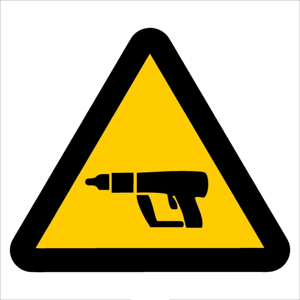 WW31 - Beware of Nail Gun Safety Sign 190x190, 290x290, 440x440, 660x660, ABS, ChromaDek, Hazard Sign, Reflective, Safety Sign Direct Designs